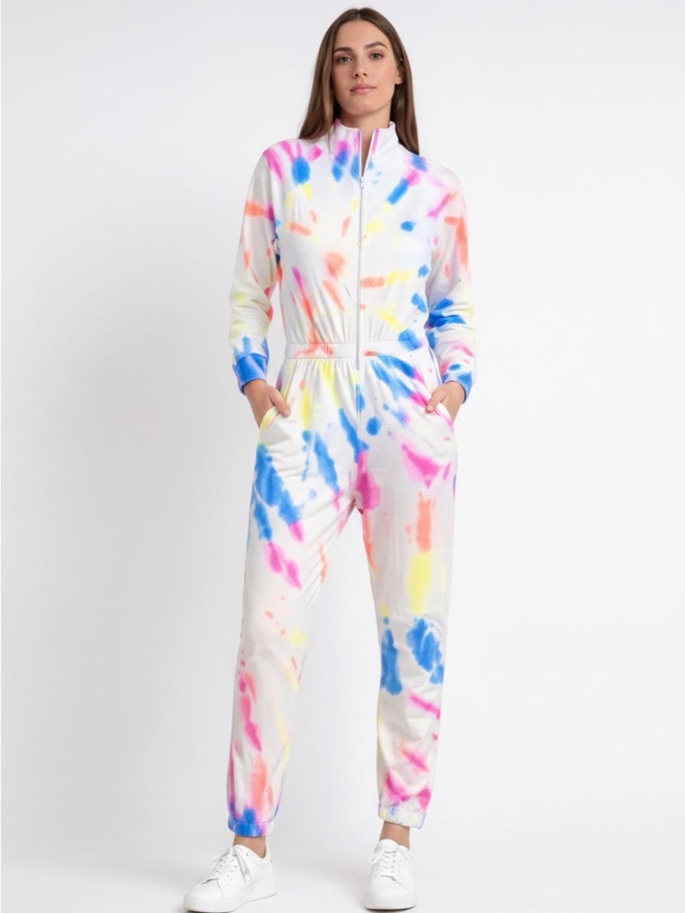 LEZAT Women’s Neon Tie-Dye zip front White Jumpsuit Size XS